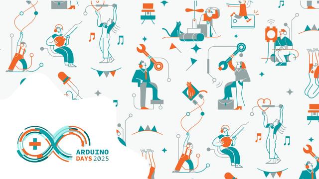 Arduino Days 2025 banner image featuring cartoon people performing various activities involving tools, wires and gadgets, all shown in Arduino colors: orange and green