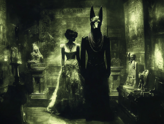 Le Gardien des Enfers
Dans une salle aux murs couverts de hiéroglyphes, une femme en robe victorienne se tient aux côtés d’une silhouette imposante au visage d’Anubis. L’ambiance spectrale, baignée d’une lumière verdâtre, évoque un rituel oublié où le passé et l’au-delà se confondent.
In a chamber lined with hieroglyph-covered walls, a woman in a Victorian gown stands beside an imposing figure with the face of Anubis. The eerie greenish glow suggests a forgotten ritual where past and afterlife intertwine.