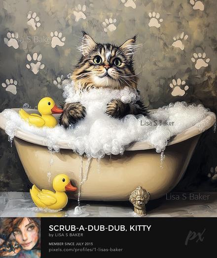 An art print of a kitty taking a bubble bath with a rubber ducky. Art by Lisa S Baker.