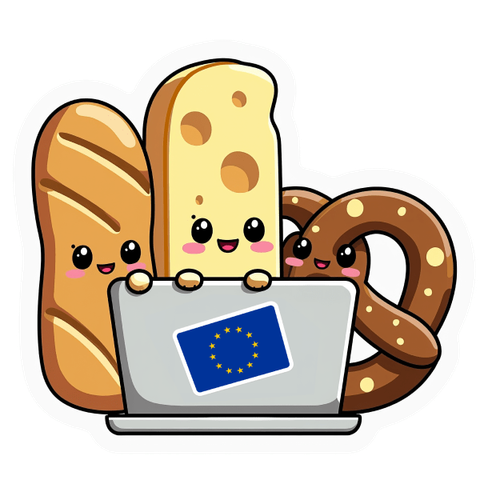 Rysunek z bagietką, serem i preclem przy laptopie z naklejką UE
