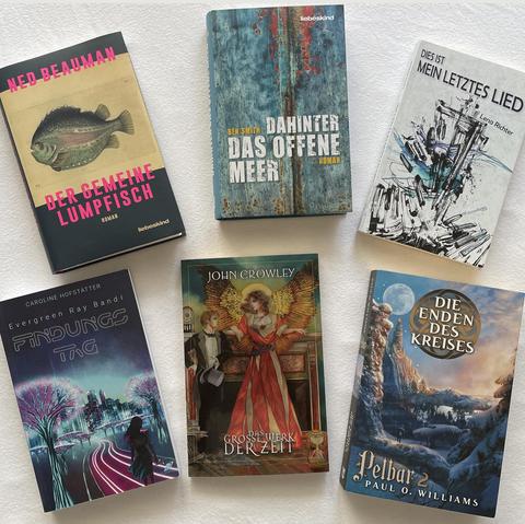 Foto von 6 Büchern: "Der gemeine Lumpfisch" von Ned Beauman. "Dahinter das offene Meer" von Ben Smith. "Dies ist mein letztes Lied" von Lena Richter. "Findungstag" von Caroline Hofstätter. "Das große Werk der Zeit" von John Crowley. "Die Enden des Kreises" von Paul O. Williams.