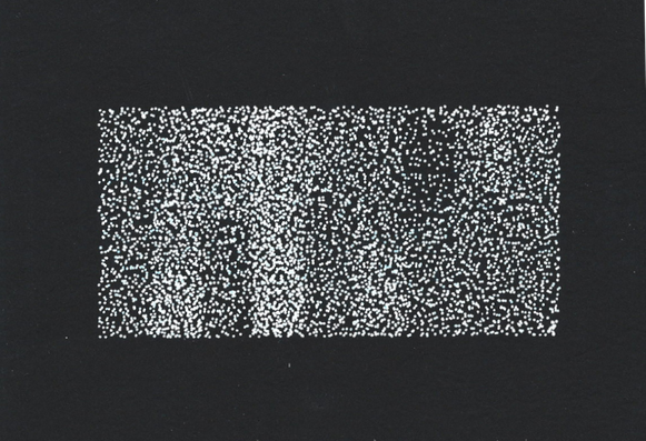 A plotter art postcard in white ink on black paper.  There is an inner rectangle of white dots on the black background of the paper.  The dots are distributed fairly randomly, but vertical lines are visible where they are drawn from different distributions.