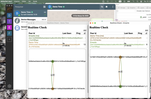 deltachat desktop tauri edition with two webxdc app windows open. those are two instances of the "Realtime Check" app that pings peers via webxdc p2p realtime api and displays the results in a table and a graph showing the ping times to and from each node in the network.