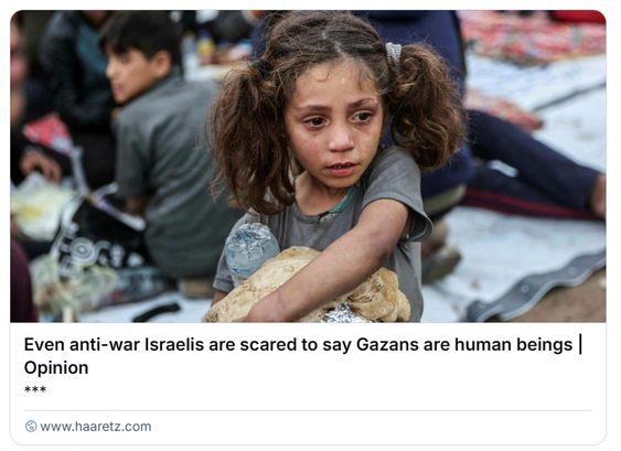 Una bambina palestinese che trasporta cibo piange mentre le persone si riuniscono per un pasto di massa a base di iftar a Beit Lahia, nel nord della Striscia di Gaza, sabato.Crediti: AFP/Omar Al-Qattaa 

L'immagine mostra una giovane ragazza con i capelli castani raccolti in due codini con elastici bianchi. Ha un'espressione triste e guarda direttamente l'osservatore con occhi grandi e lucidi. La sua pelle sembra sporca e il suo viso è segnato da piccole imperfezioni. Indossa una maglietta grigia e tiene tra le braccia un pezzo di pane avvolto in un foglio di alluminio.

La ragazza è circondata da altre persone, parzialmente visibili ai lati e sullo sfondo dell'immagine. Si possono notare un ragazzo con una maglietta grigia sulla sinistra e diverse persone con indumenti scuri sullo sfondo, che sembra essere un ambiente esterno con un telo fantasia steso a terra.
Sotto il titolo dell'articolo: Opinion | Even Anti-war Israelis Are Scared to Say Gazans Are Human Beings