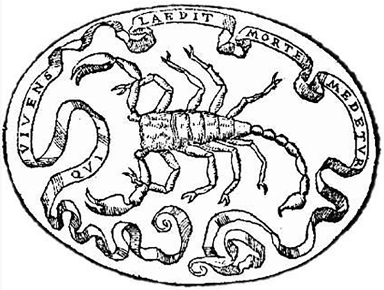 Emblem of Luigi Gonzaga (1500/2-1532), with inscription: Qui Vivens Laedit Morte Medetur (Who wounds when alive, heals when dead).
