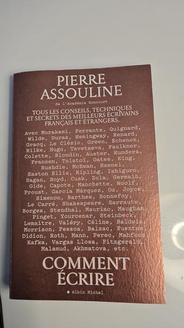 Couverture du livre "Comment écrire" de Pierre Assouline, 2024. Sur un fond couleur bronze clair, légèrement brillant, la couverture est remplie de noms d'écrivain et d'écrivaines, d'hier et d'aujourd'hui, séparés par une virgule. Sous titre : tous les conseils, techniques et secrets des meilleurs écrivains français et étrangers.