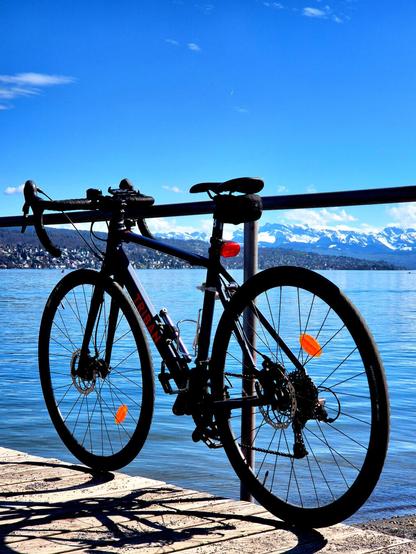 Fotografía de una bicicleta atada a una barandilla junto a la orilla del lago de Zúrich, al fondo se ven los Alpes cubiertos de nieve. Versión editada
