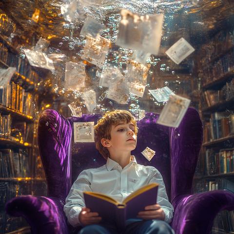 A young boy in a white shirt reads a book while seated on a luxurious purple armchair. He appears underwater in a library, with pages floating around him and bubbles rising, creating a surreal and magical atmosphere.