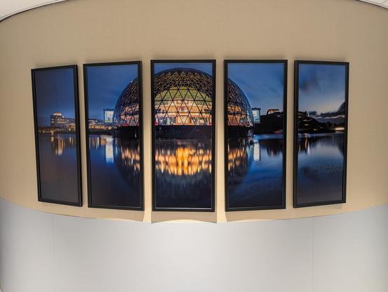 A collage of photos showing the theatre at night. It is a sphere-shaped building made up of triangular panes of glass.
