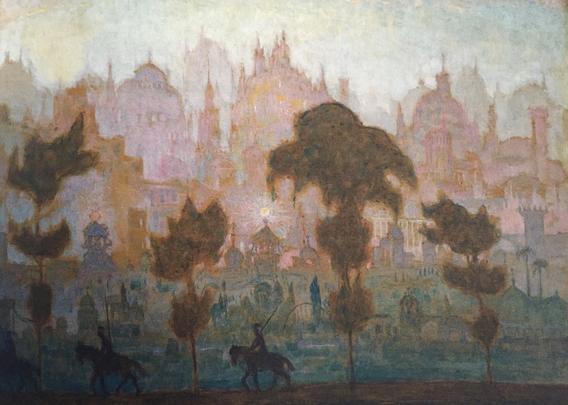 in the foreground are a few horses carrying people and a few trees, all in silhouette.  the riders may be wearing helmets and carrying spears.  Beyond this is possibly a garden or a graveyard, and beyond that are the buildings of a city, many of them with decorative domes and spires.  All of this is done in soft color and vague detail that become lighter and less vivid to indicate distance and possibly morning or evening haze
