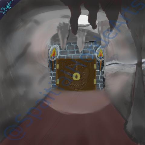 A brown gray cave with stalagtights and a couple of stalagmights spread about. The ceiling is curved with a hole to the outside that is white, showing a cloudy day above. There are dark grey wall of cut stone with a double door inlaid into the bricks. The door has golden hinges and handles. Carved into the brown door is a depiction of a demon face. The floor is a red  tone.