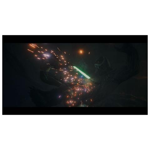 Horisontal: Cal Kestis is engaged in a battle with a large creature, using a green lightsaber. Sparks and flashes of light are visible, creating a dynamic and intense atmosphere in a dark, forested environment.
