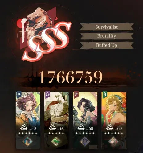 Reverse: 1999 screenshot; result of Mane's Bulletin from Nightmare Projection boss. Red SSS rank with a score of 1766759 with the titags of Survivalist, Brutality and Buffed Up. The team consists of Flutterpage lv 50, Barbara Lv 60, Anjo Nala lv 60 and Vila lv 60. all at Insight 3