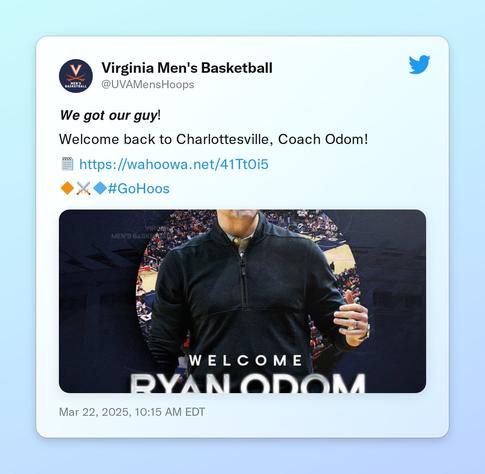 𝙒𝙚 𝙜𝙤𝙩 𝙤𝙪𝙧 𝙜𝙪𝙮!

Welcome back to Charlottesville, Coach Odom!

🗒️ https://t.co/eOvaeKtOrb

🔶⚔️🔷#GoHoos https://t.co/3r7dqqS3rq