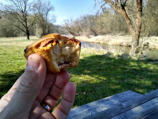 Mittagspause an der Neiße: links meine Hand mit einer sogenannten Leipziger Lerche, gefüllt mit Marzipan und Marmelade, dahinter verschwommen der Fluss und Uferbereiche