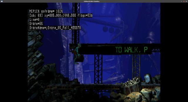 🕶️ A side view of Abe jumping from one platform, with a "TO WALK, P" message displayed on another. The scene appears to be set in a dark, rock-strewn factory.

📚️ Oddworld series is a series of platform games combining action, puzzles and humor, set on the eponymous planet where different species live together. The most intelligent are the Glukkons - focused on profit and exploitation, and the Mudokons - focused on harmony with their environment and other species. The first 2 opuses (Abe's Exoddus & Oddworld: Abe's Oddysee) follow Abe, a Mudokon, as his species is enslaved by the Glukkons. Discovering that his food factory is going to include Mudokons in its ingredients, he flees and tries to save his people... R.E.L.I.V.E. is an open-source engine, compatible (with the first 2 2D opuses, released in 1997 & 1998), and improved (multi-platform, support for modern hardware, numerous bug fixes, etc.).