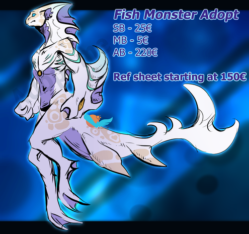 fish monster
anthro fish inspired creature, with a very long tail, fish features, and mystical marks.
white - purple - goldish 

comics style

SB - 25€
MB - 5€
AB - 220€

a ref sheet is added once the bids reach 150€

the auction ends 24h after the last bid
