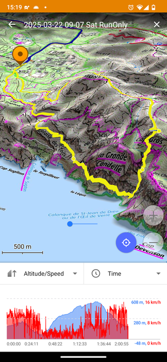 Carte du parcours en 3d. En noire le trajet à vélo, en jaune en course (et marche en montée).

Un graphique en dessous montre la vitesse de course en rouge et en bleu l'altitude parcourue.