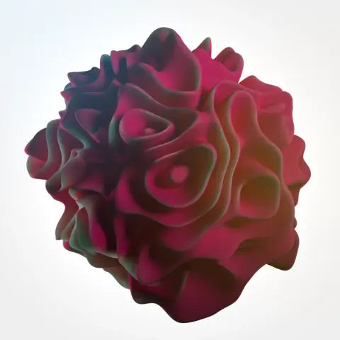 A slightly unsettling convoluted pink surface, roughly spherical in shape.