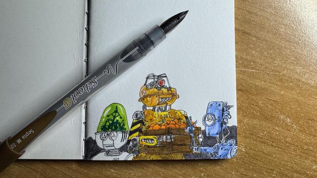 Photo of a page from a sketchbook with three drawings of robots. One waving a hand, another carrying a crate of oranges and a third with a transparent green head dome showing clockwork mechanisms inside.