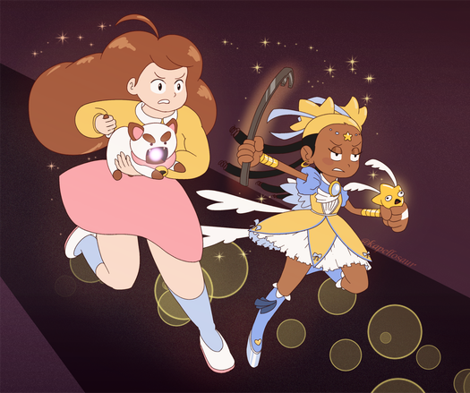 Bee from Bee and PuppyCat and Aika from I Don't Want to be a Magical Girl running through a space-like purple background. Both are sparkling. Bee's wielding PuppyCat, about to shoot his laser, and Aika's wielding a crowbar in one hand and squeezing Hoshi far too hard in her other fist.