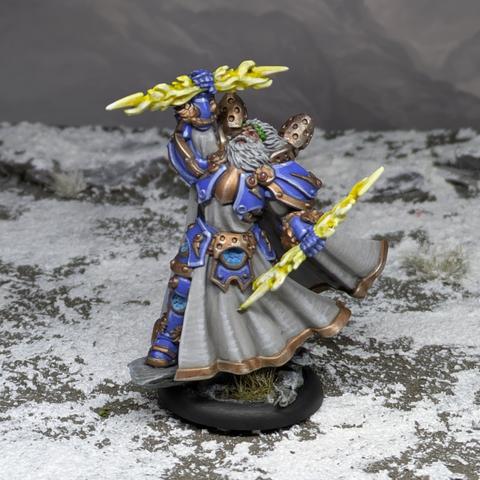 Tabletop Miniature of a bearded man in armour, with robes and a bright lightning bolt in each hand.
