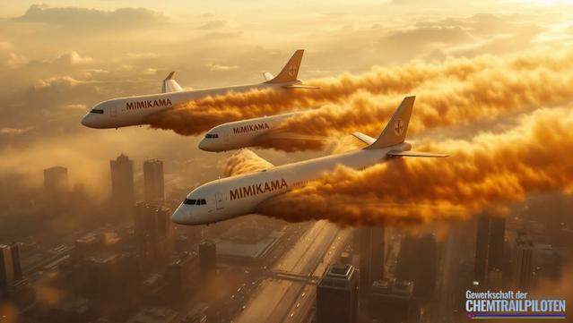 Drei Flugzeuge von MIMIKAMA, aus denen in großen Schwaden Saharastaub in die Atmosphäre gepustet wird.