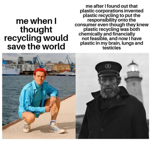 A two-panel meme featuring Willem Dafoe in contrasting roles.

The left panel, captioned 'me when I thought recycling would save the world', shows Dafoe in a colorful outfit, squatting by a waterfront in the background.

The right panel, captioned 'me after I found out that plastic corporations invented plastic recycling to put the responsibility onto the consumer even though they knew plastic recycling was both chemically and financially not feasible, and now I have plastic in my brain, lungs, and testicles', depicts Dafoe in a black-and-white image as an old sea captain with a thick beard, standing in front of a lighthouse with a grim and weathered expression.