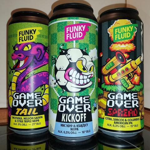 Three colourful cans of Funky Fluid craft beer.