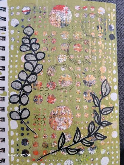 Sage background with a variety of orange grey and gold circles.  Collaged botanical details and circles drawn in ink