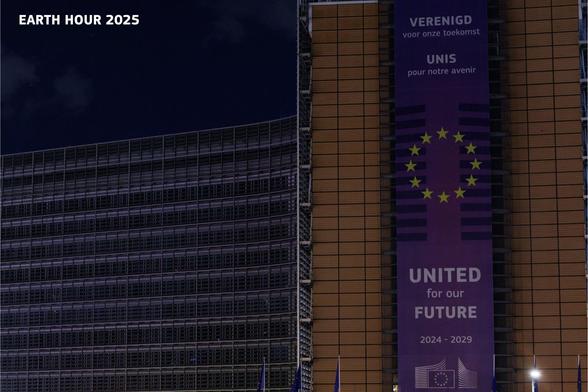Nighttime view of the Berlaymont building in Brussels showcasing its environmentally conscious approach with all lights switched off.
