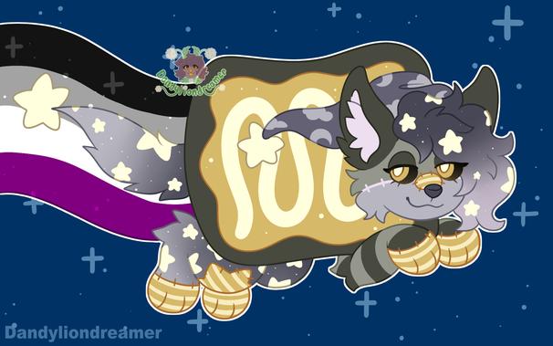 my oc nappy pappy the star dog as nyan cat

her poptart is a green color with a gold icing and light yellow strudel like icing on it

her hair tails and legs have stars that glow on them, as well as patches of yellow striped on them

her hat and tail has a star at the end of it


her rainbow is the asexual flag