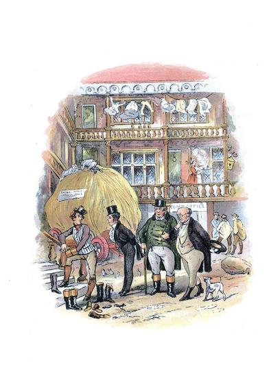 The image depicts a lively street scene from a bygone era, likely the 19th century. In the foreground, three men are engaged in conversation. The man on the left is dressed in a striped vest, brown trousers, and a top hat, holding a walking stick. The man in the middle wears a dark suit with a top hat and a cane, while the man on the right is in a green coat and white trousers, also with a top hat. A small white dog stands nearby.

To the left, a man in a straw hat and suspenders stands next to a large haystack, with boots and other items scattered on the ground. The background features a two-story building with a red roof, adorned with laundry hanging out to dry. A woman in a red dress is visible through a window on the second floor. The building has a sign that reads "Peach Office." The street is bustling with activity, including a man carrying a large sack and another walking away. The scene is rich in detail, capturing the essence of daily life in a historical setting.