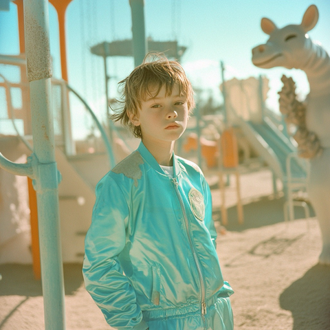 A young child stands in a sandy playground, wearing a shiny turquoise bomber jacket and matching pants. Their expression is serious and contemplative. Behind them is pastel-colored playground equipment and a whimsical white giraffe sculpture. The lighting is dreamy and retro-toned.