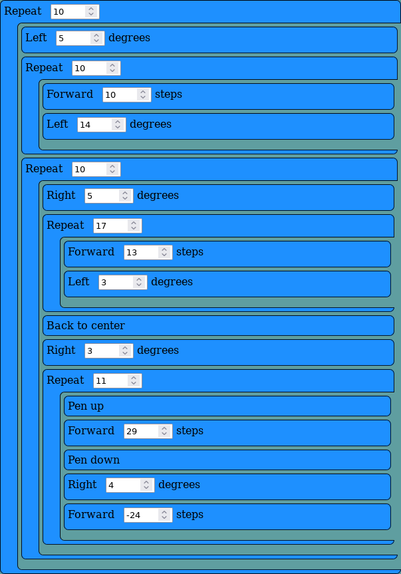 Block based program saying:

Repeat 10
  Left 5 degrees
  Repeat 10
    Forward 10 steps
    Left 14 degrees
  End Repeat
  Repeat 10
    Right 5 degrees
    Repeat 17
      Forward 13 steps
      Left 3 degrees
    End Repeat
    Back to center
    Right 3 degrees
    Repeat 11
      Pen up
      Forward 29 steps
      Pen down
      Right 4 degrees
      Forward -24 steps
    End Repeat
  End Repeat
End Repeat
