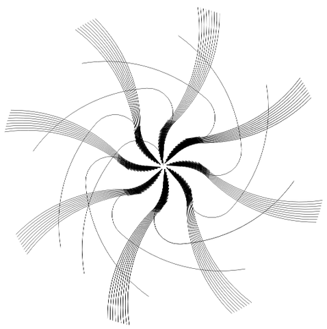 Output of the block based program. It is an 8 armed spiral where each arm is made up of several strands and each has one loose strand, but there's also a lose strand coming out of the center.