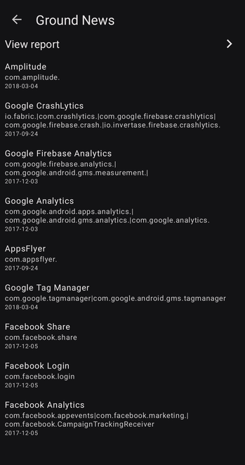 Ground News 
View report 

Amplitude com.amplitude. 2018-03-04 

Google CrashLytics io.fabric.|com.crashlytics.com.google.firebase.crashlytics.com.google.firebase.crash.io.invertase.firebase.crashlytics. 2017-09-24
 
Google Firebase Analytics com.google.firebase.analytics.com.google.android.gms.measurement. 2017-12-03 

Google Analytics com.google.android.apps.analytics.com.google.android.gms.analytics.com.google.analytics. 2017-12-03 

AppsFlyer com.appsflyer. 2017-09-24 

Google Tag Manager com.google.tagmanager.com.google.android.gms.tagmanager 2018-03-04 

Facebook Share com.facebook.share 2017-12-05 

Facebook Login com.facebook.login 2017-12-05 

Facebook Analytics com.facebook.appevents.com.facebook.marketing.com.facebook.CampaignTrackingReceiver 2017-12-05