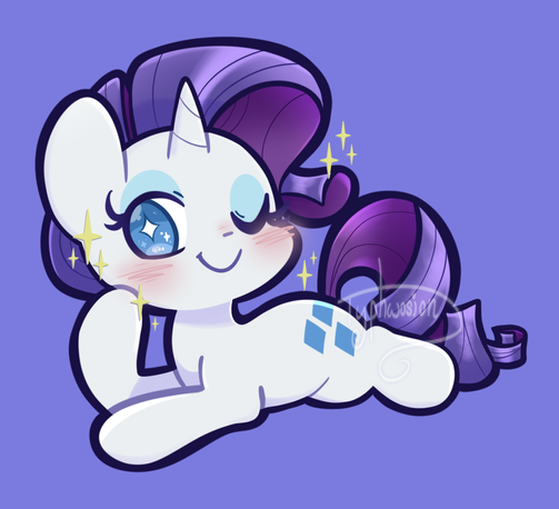 Art of Rarity, she's laying on her belly with her hoof resting on her cheek. She's looking at the viewer and winking and has a cute little smile.