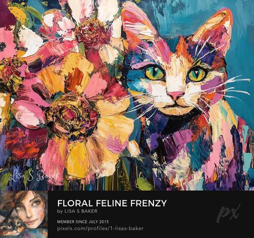 An art print of bold colorful cat next to large flowers. Art by Lisa S Baker.