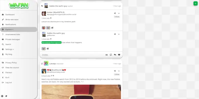 A screenshot of Wafrn's feed  with a miiverse-inspired theme on light mode.