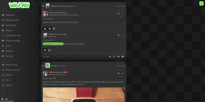 A screenshot of Wafrn's feed  with a miiverse-inspired theme on dark mode.