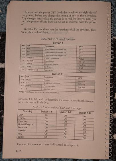 Page from a spiral bound book with the following text.

Always turn the power OFF (with the switch on the right side of the printer) before you change the setting of any of these switches. Any changes made while the power is on will be ignored until you turn the printer off and back on. So set all switches with the power off.

In Table D-1 we show you the functions of all the switches. Then we explain each of them. I zibson A

Table D-1. DIP switch functions

(Dip switch 1 settings 1 to 5)

Switch 2

(Dip switch 2 settings)

Switches 1-6, 1-7, and 1-8 determine the active international character set.