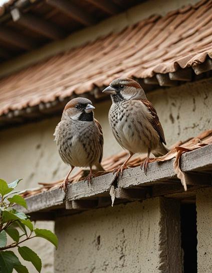 ①«Generated by nightcafestudio»
Wildlife photography. Close-up. Two adult sparrows carry twigs under the eaves of a rustic roof. Warm sunlight shines on the birds' brown feathers. Soft focus on the blurred roof tiles. Gentle, natural lighting with a warm color palette. Detailed textures of the twigs and feathers. Best quality, high-resolution image. Wildlife documentary style, reminiscent of BBC nature documentaries, with a sense of intimacy and realism. Earthy tones, natural colors, soft bokeh, subtle depth of field, a sense of quiet observation.
#本日の成果物