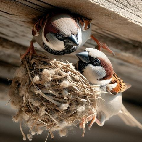 ③«#aiart Generated by BingImageCreator»
(Close-up, photo: two sparrows building a nest) A pair of adult sparrows are carrying nesting material under the eaves of the roof. Adult sparrows have black beaks.