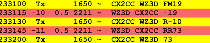 Image shows a FT8 sequence of WZ3D and CX2CC completing a QSO at 233200