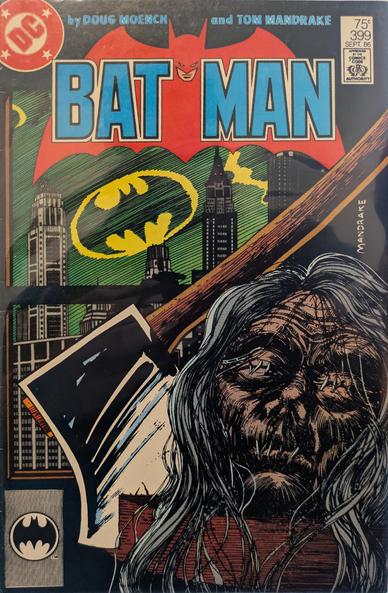 The bat signal splashes across a cloudy sky outside the window. Our view is obscured by a hatch I'm e you in the middle-depth, and a severed head with it's mouth and eyes sewn shut.