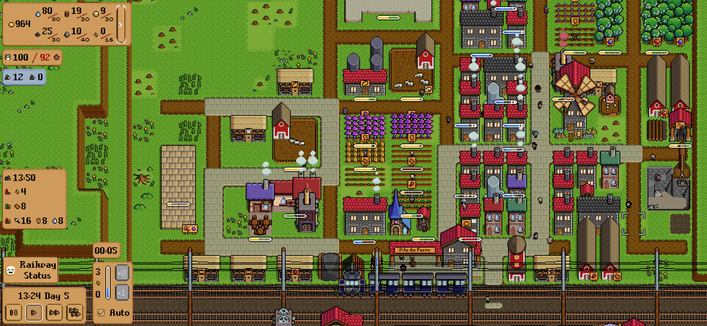 A screenshot of Iron Village. New construction sites have opened up in the top and left. The number 2 is drawn in paved roads, between a construction site and some farm fields. A navy blue electric train with three passenger carriages has arrived at the station.