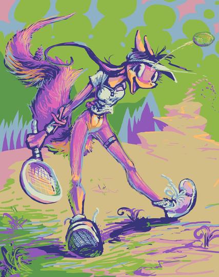 anthropomorphic, pink-furred entity smiling stupidly at the view while holding a tennis raquet and being hit in the head by a tennis ball
