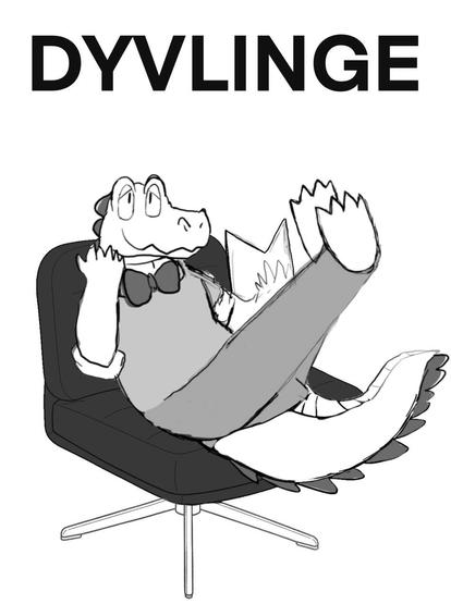The text above reads DYVLINGE. Swedish for "Divine". Its the name of a product line. A bowtie wearing alligator is shown laying on and striking a silly pose on this chair while also holding a book in his right hand.