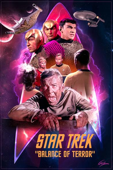 Fan poster for the Star Trek episode Balance of Terror, featuring characters from the show arranged within a Star Fleet curved triangle symbol.